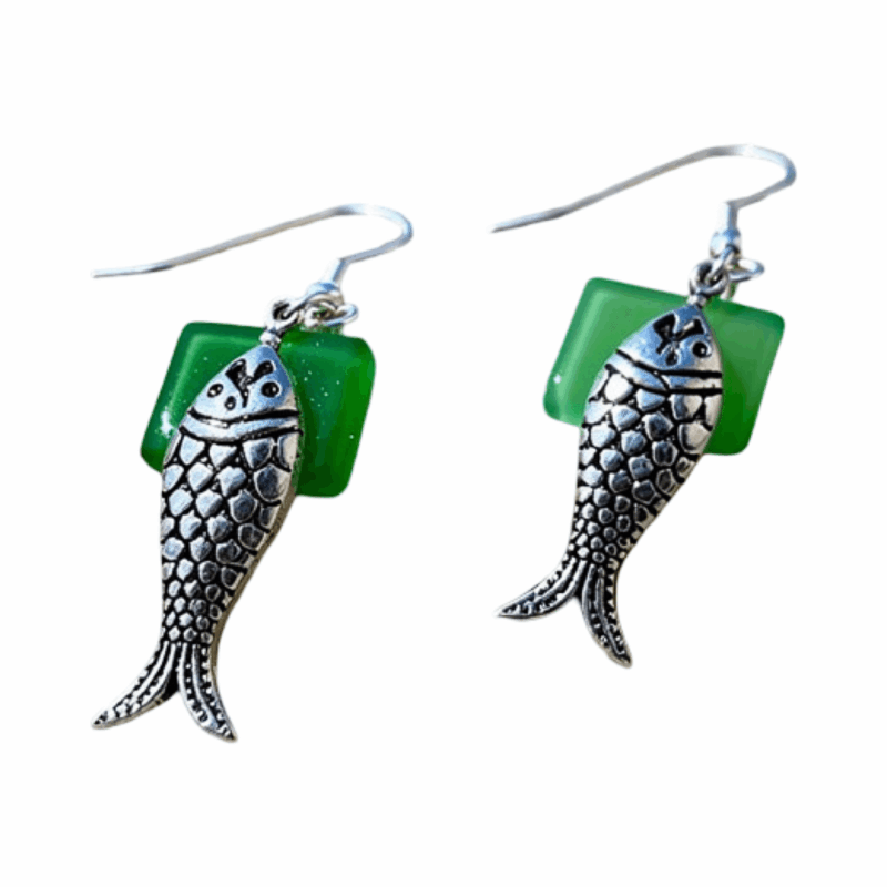 Green sea glass earrings with Wish Fish charms